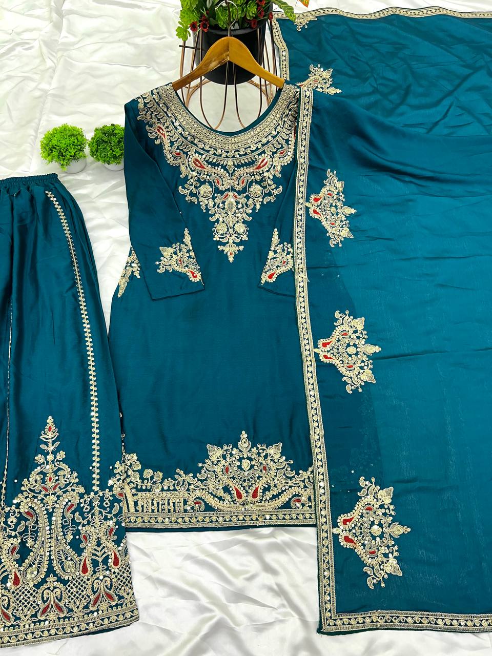 Teal Blue Embroidered Sharara Suit with Zari & Mirror Work Festive