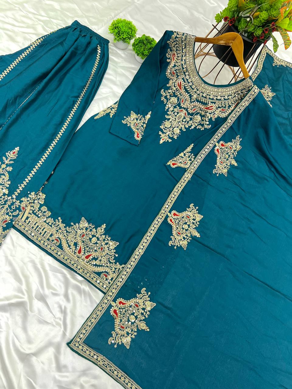Teal Blue Embroidered Sharara Suit with Zari & Mirror Work Festive