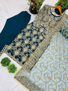 Teal Blue Heavy Embroidered Straight Suit with Dupatta for Wedding