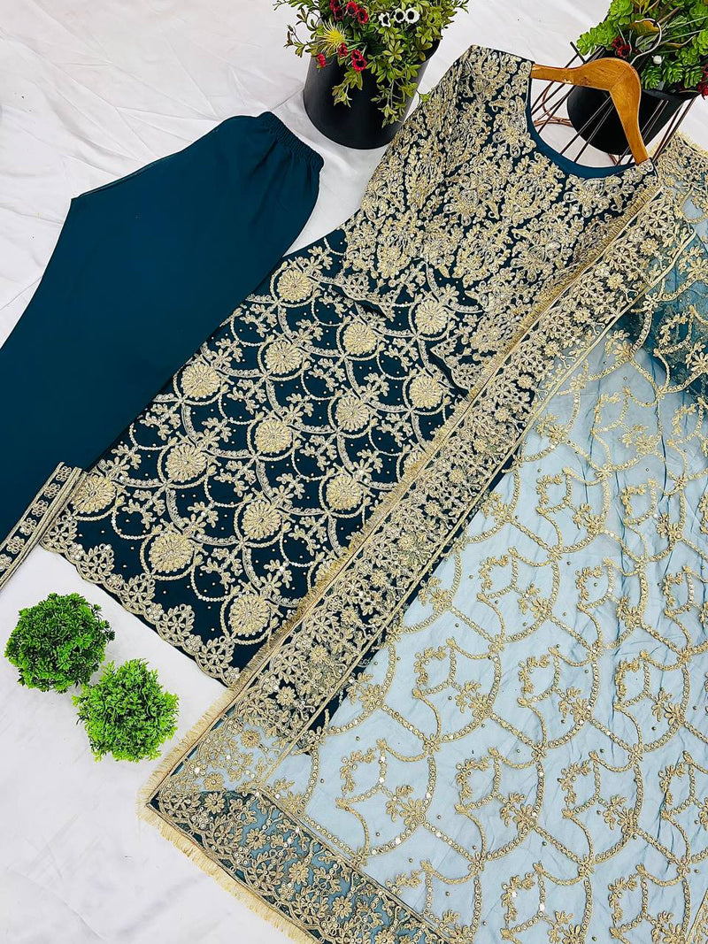 Teal Blue Heavy Embroidered Straight Suit with Dupatta for Wedding