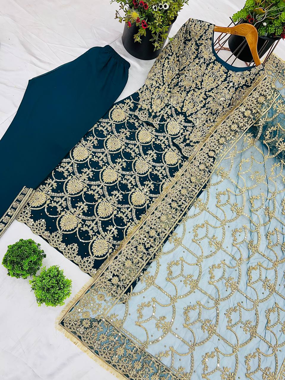 Teal Blue Heavy Embroidered Straight Suit with Dupatta for Wedding