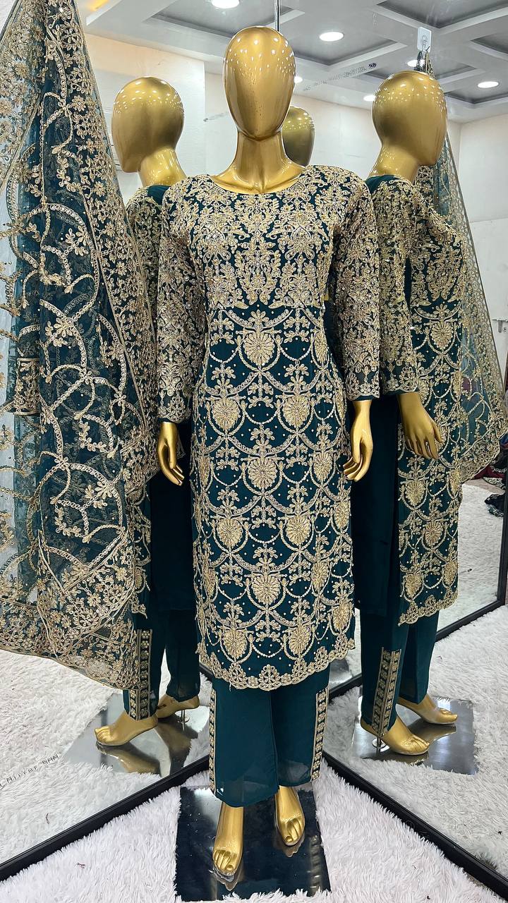 Teal Blue Heavy Embroidered Straight Suit with Dupatta for Wedding