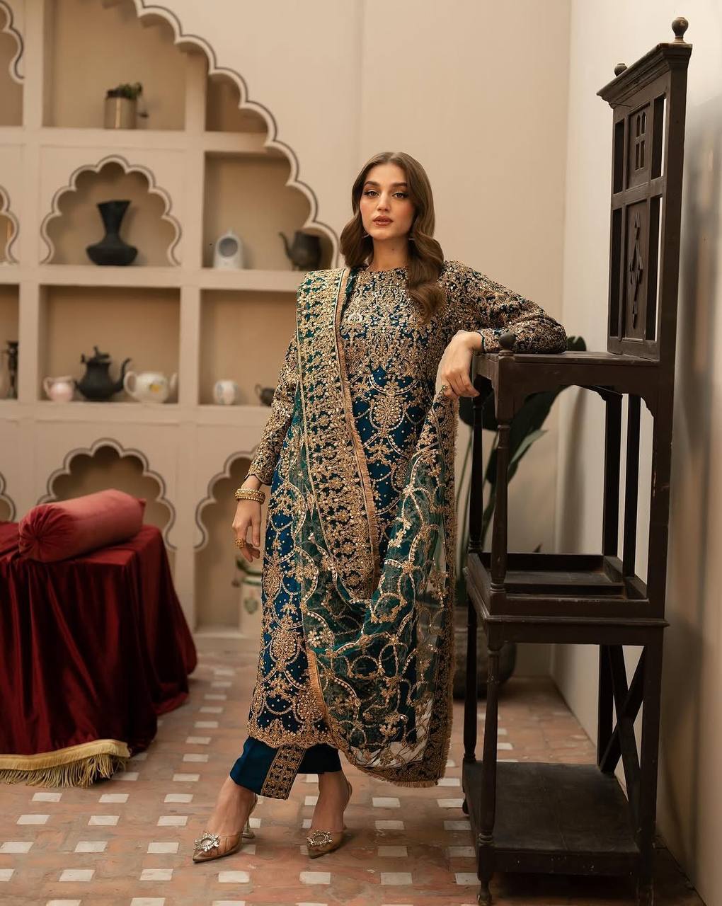 Teal Blue Heavy Embroidered Straight Suit with Dupatta for Wedding