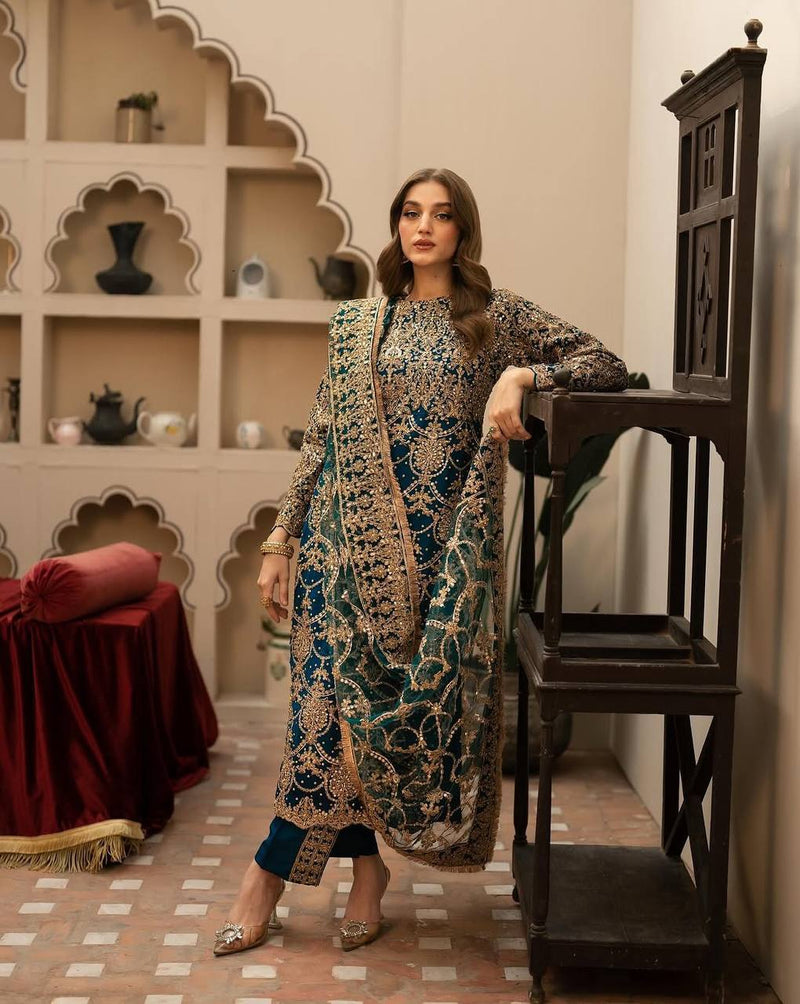 Teal Blue Heavy Embroidered Straight Suit with Dupatta for Wedding