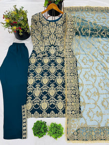 Teal Blue Heavy Embroidered Straight Suit with Dupatta for Wedding