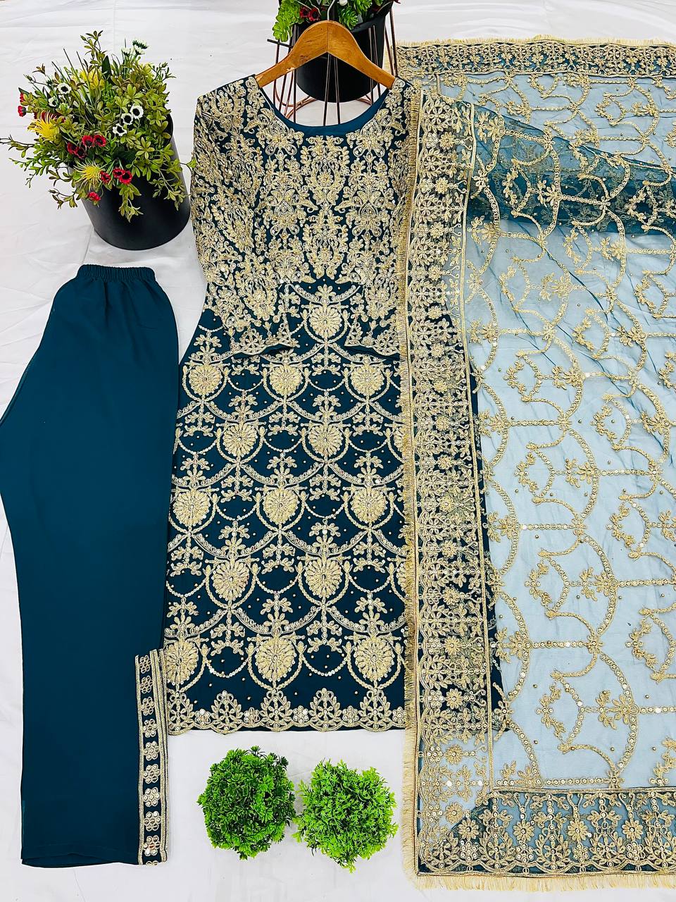 Teal Blue Heavy Embroidered Straight Suit with Dupatta for Wedding
