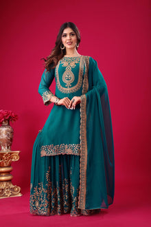 Teal Green Embroidered Sharara Suit with Dupatta Party and Festive Wear for Women