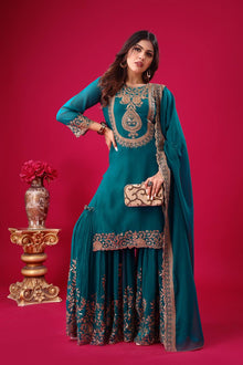 Teal Green Embroidered Sharara Suit with Dupatta Party and Festive Wear for Women