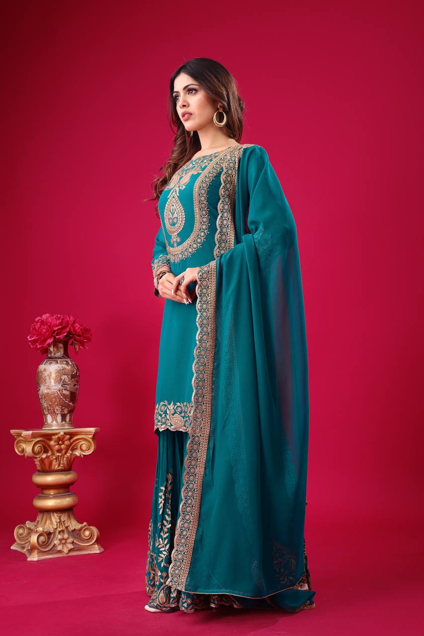 Teal Green Embroidered Sharara Suit with Dupatta Party and Festive Wear for Women