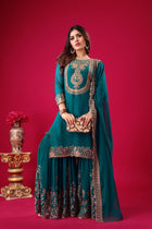 Teal Green Embroidered Sharara Suit with Dupatta Party and Festive Wear for Women