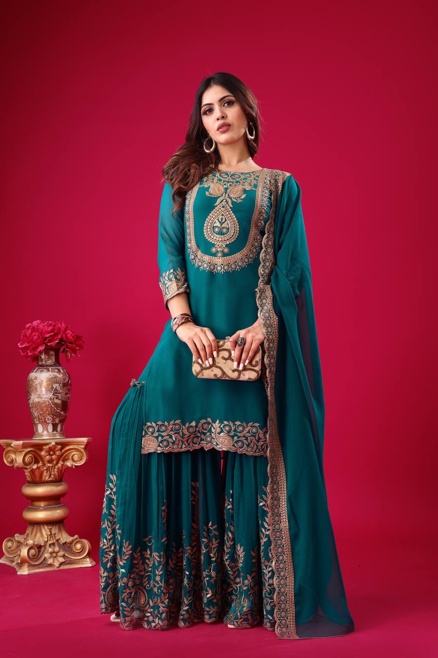 Teal Green Embroidered Sharara Suit with Dupatta Party and Festive Wear for Women