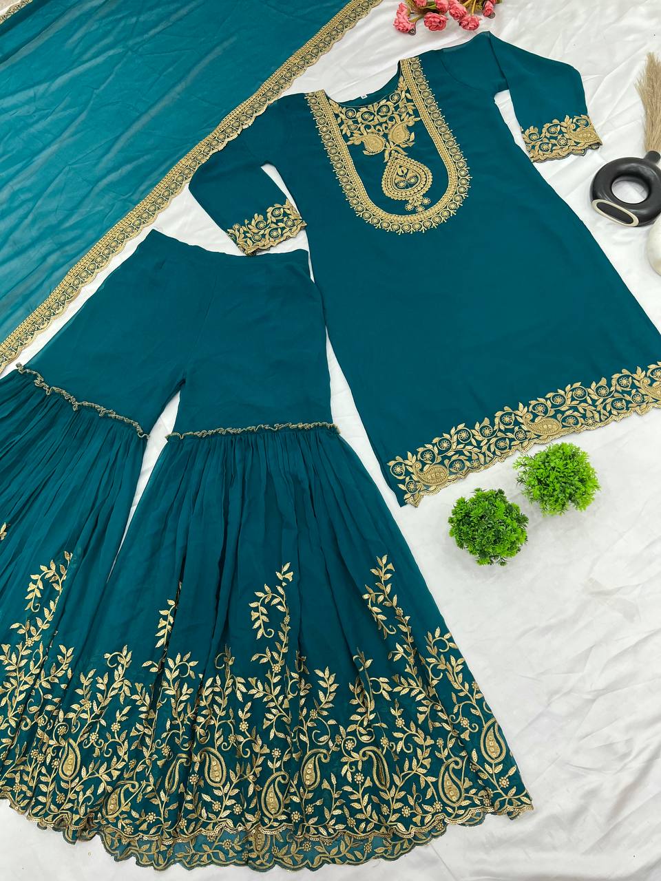Teal Green Embroidered Sharara Suit with Dupatta Party and Festive Wear for Women