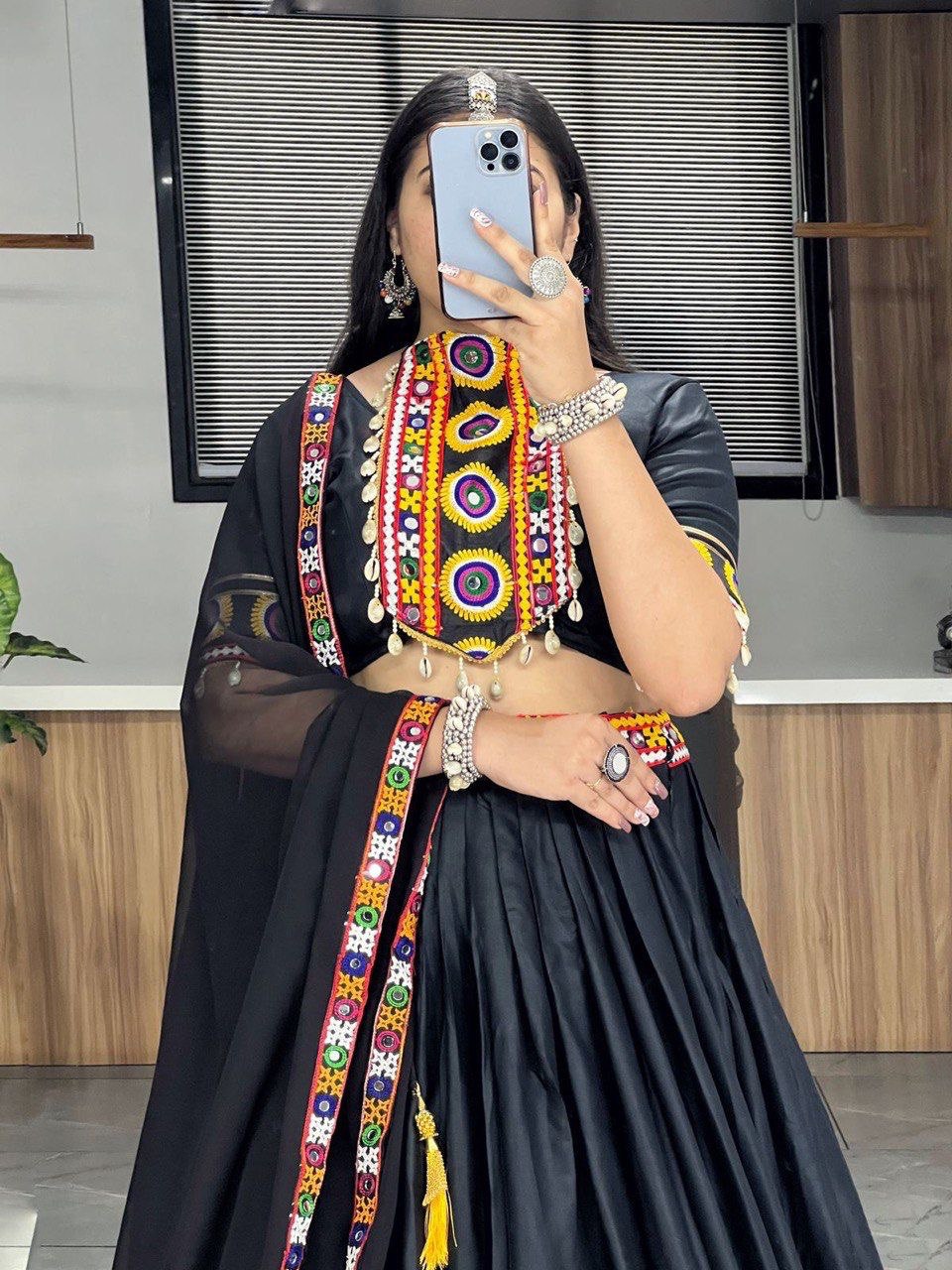 Traditional Black Mirror Work Lehenga Choli for Navratri and Festive Garba Nights