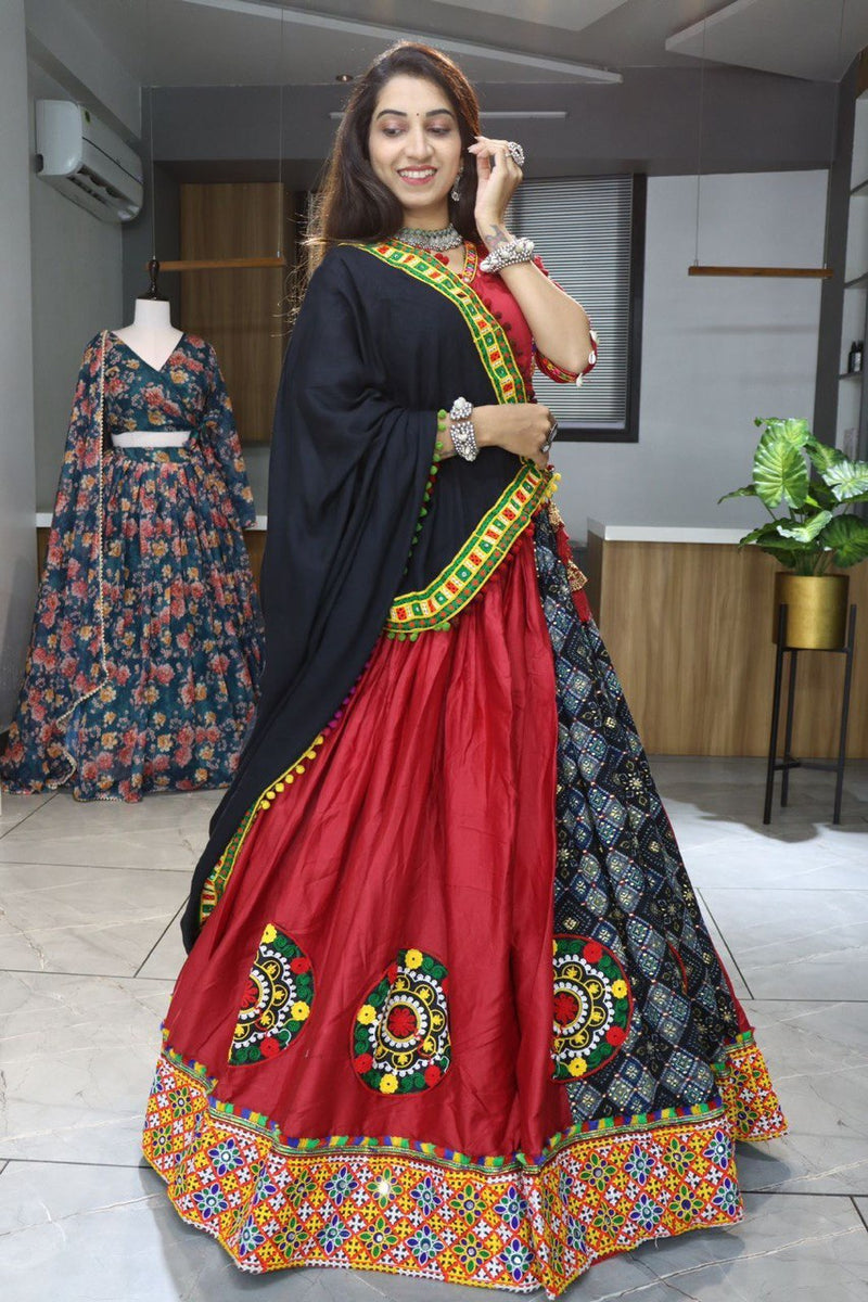 Traditional Red and Black Navratri Lehenga Choli with Kutchi Embroidery and PomPom Dupatta