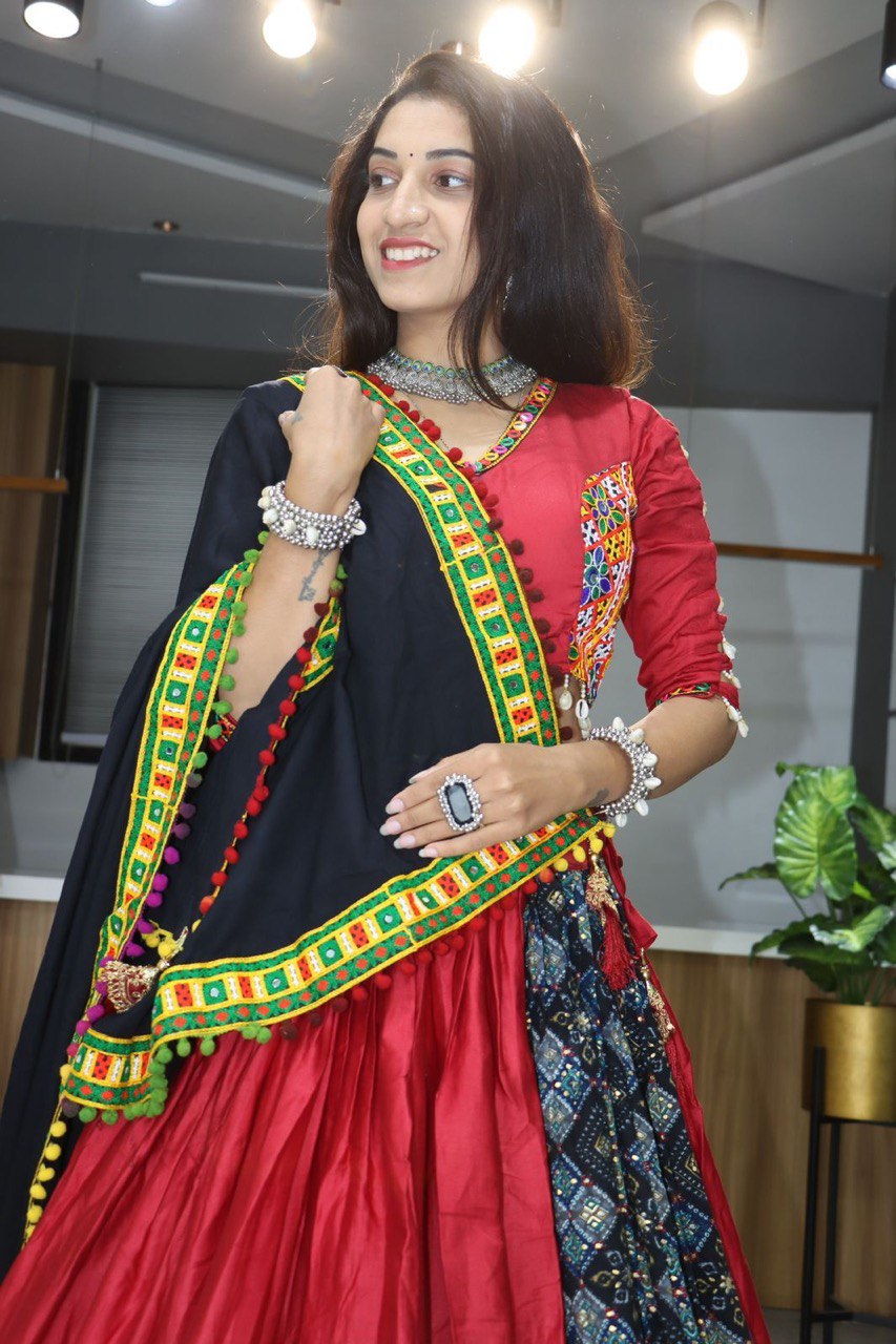 Traditional Red and Black Navratri Lehenga Choli with Kutchi Embroidery and PomPom Dupatta