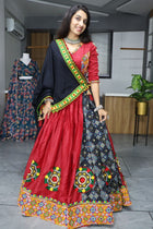 Traditional Red and Black Navratri Lehenga Choli with Kutchi Embroidery and PomPom Dupatta