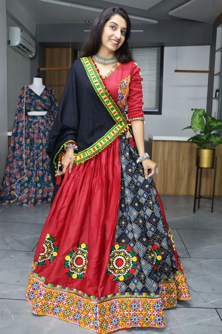 Traditional Red and Black Navratri Lehenga Choli with Kutchi Embroidery and PomPom Dupatta