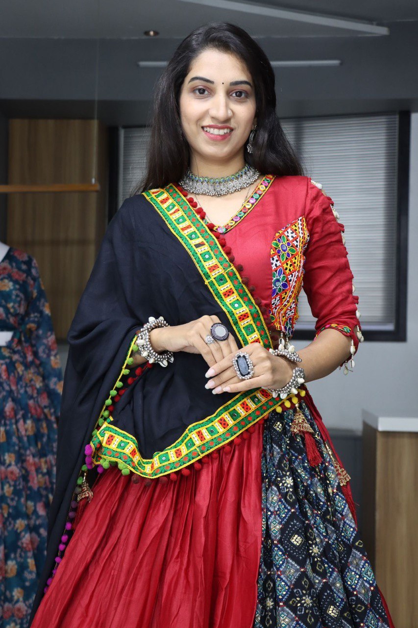 Traditional Red and Black Navratri Lehenga Choli with Kutchi Embroidery and PomPom Dupatta