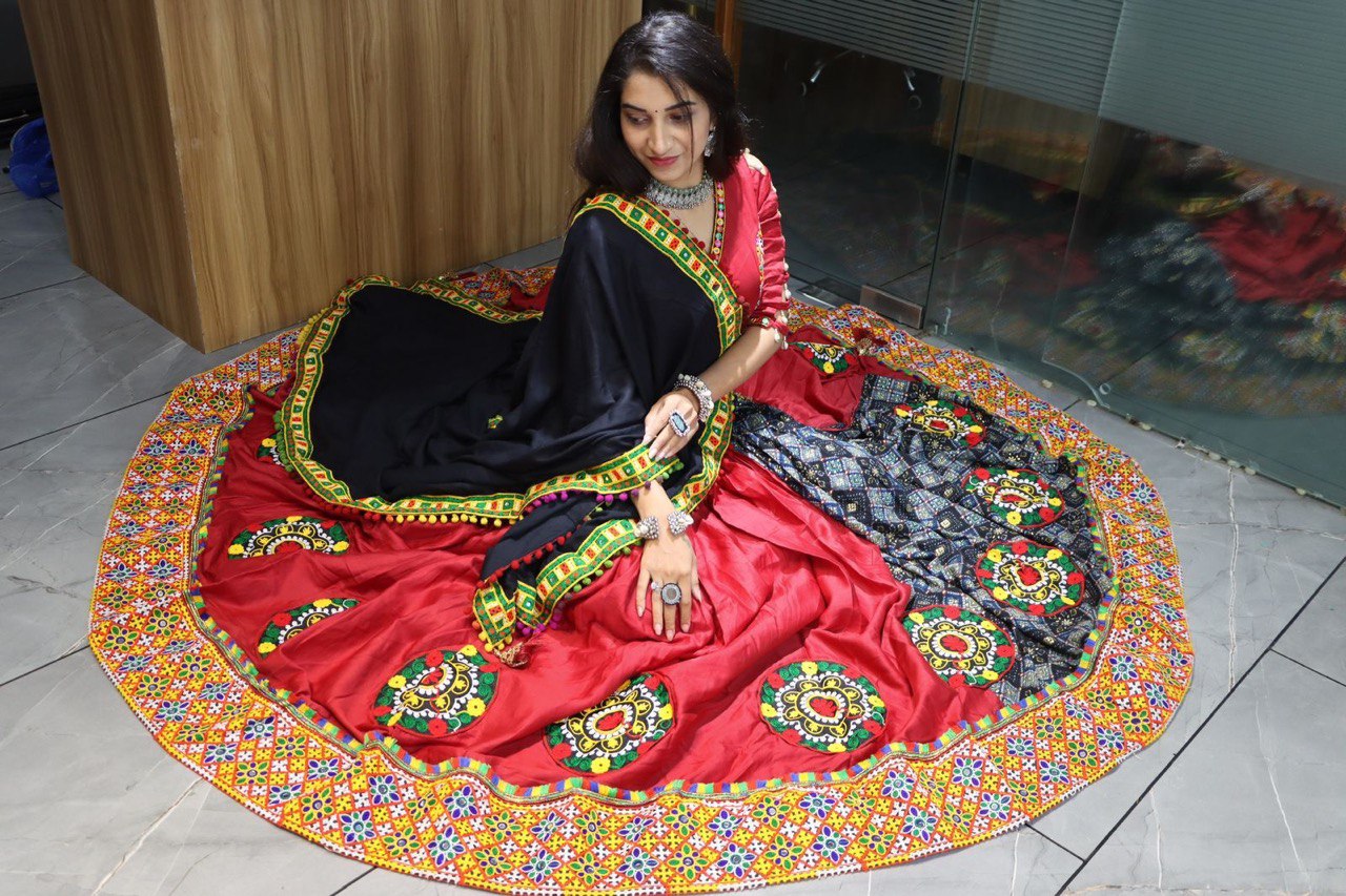 Traditional Red and Black Navratri Lehenga Choli with Kutchi Embroidery and PomPom Dupatta