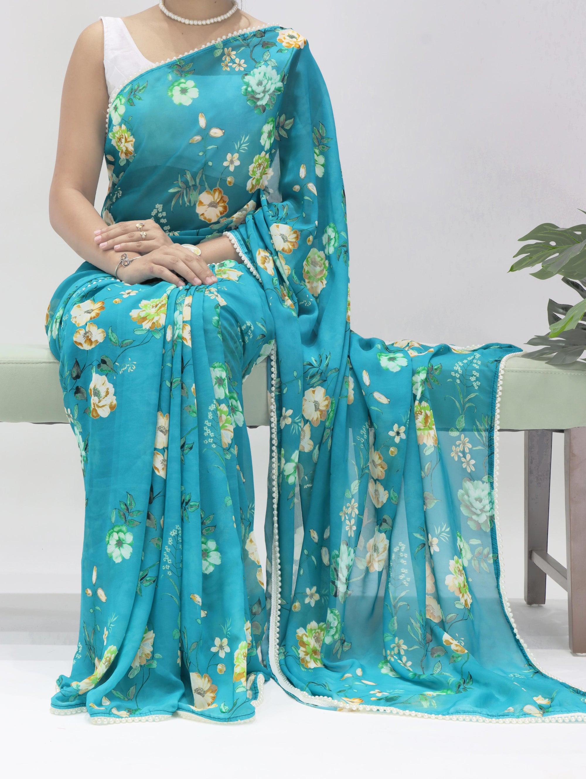 Turquoise Blue Floral Organza Saree with Pearl Lace Border Summer Casual