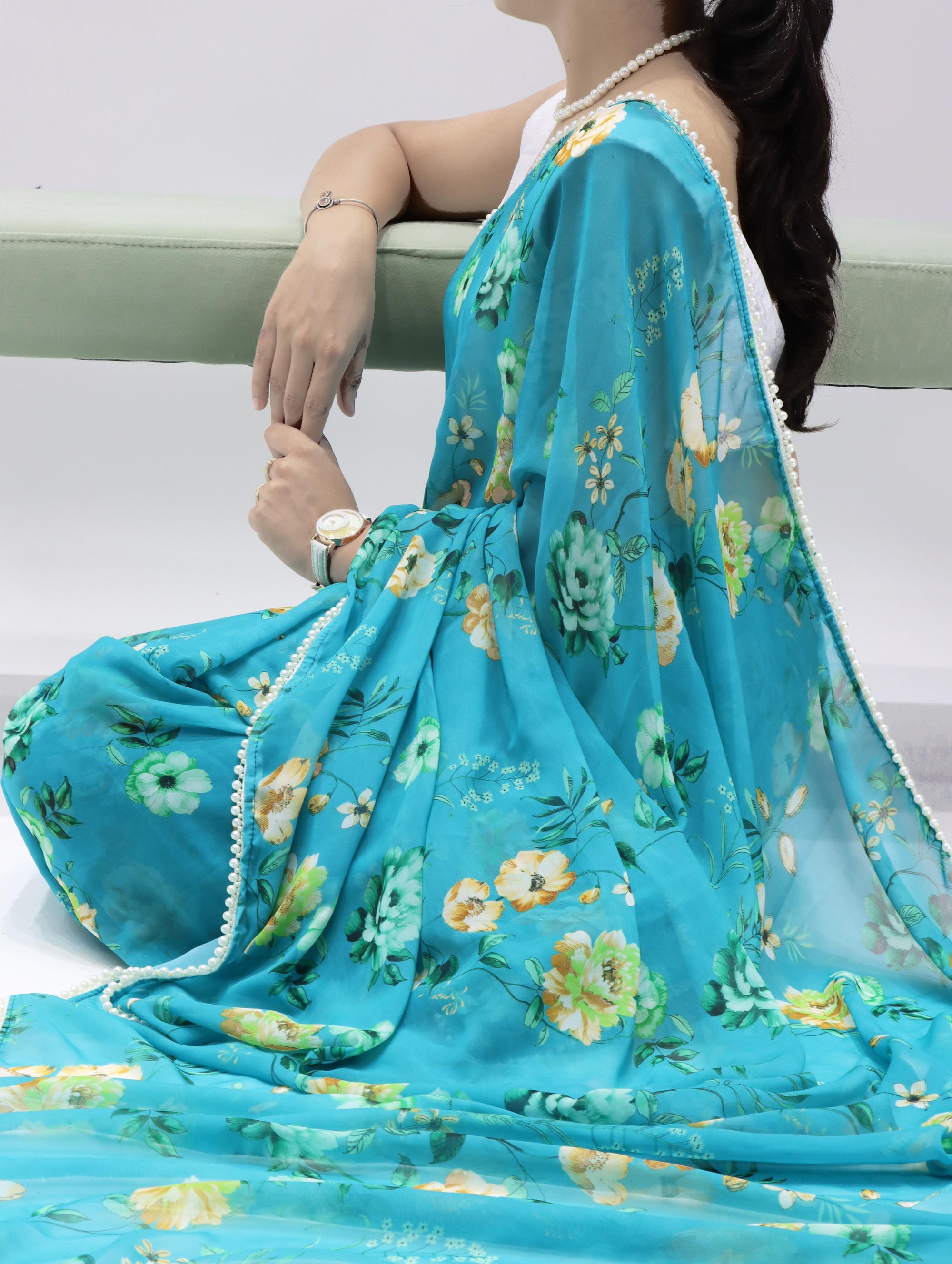 Turquoise Blue Floral Organza Saree with Pearl Lace Border Summer Casual