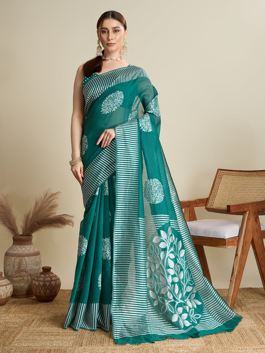 Turquoise Blue Soft Silk Saree with Zari Lining Border & Butti Blouse  Elegant Festive
