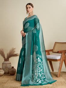 Turquoise Blue Soft Silk Saree with Zari Lining Border & Butti Blouse  Elegant Festive