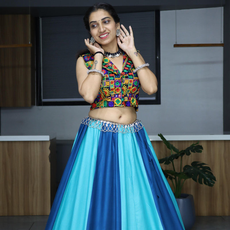 Vibrant Blue and Aqua Flared Lehenga with Kutchi Embroidered Blouse for Navratri (Copy)