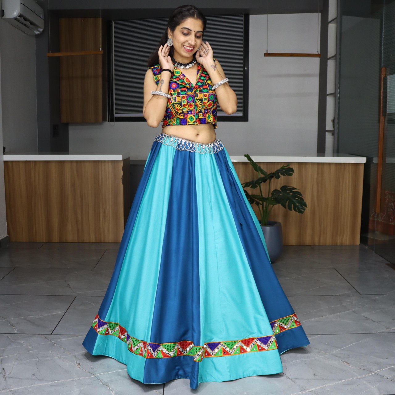 Vibrant Blue and Aqua Flared Lehenga with Kutchi Embroidered Blouse for Navratri (Copy)