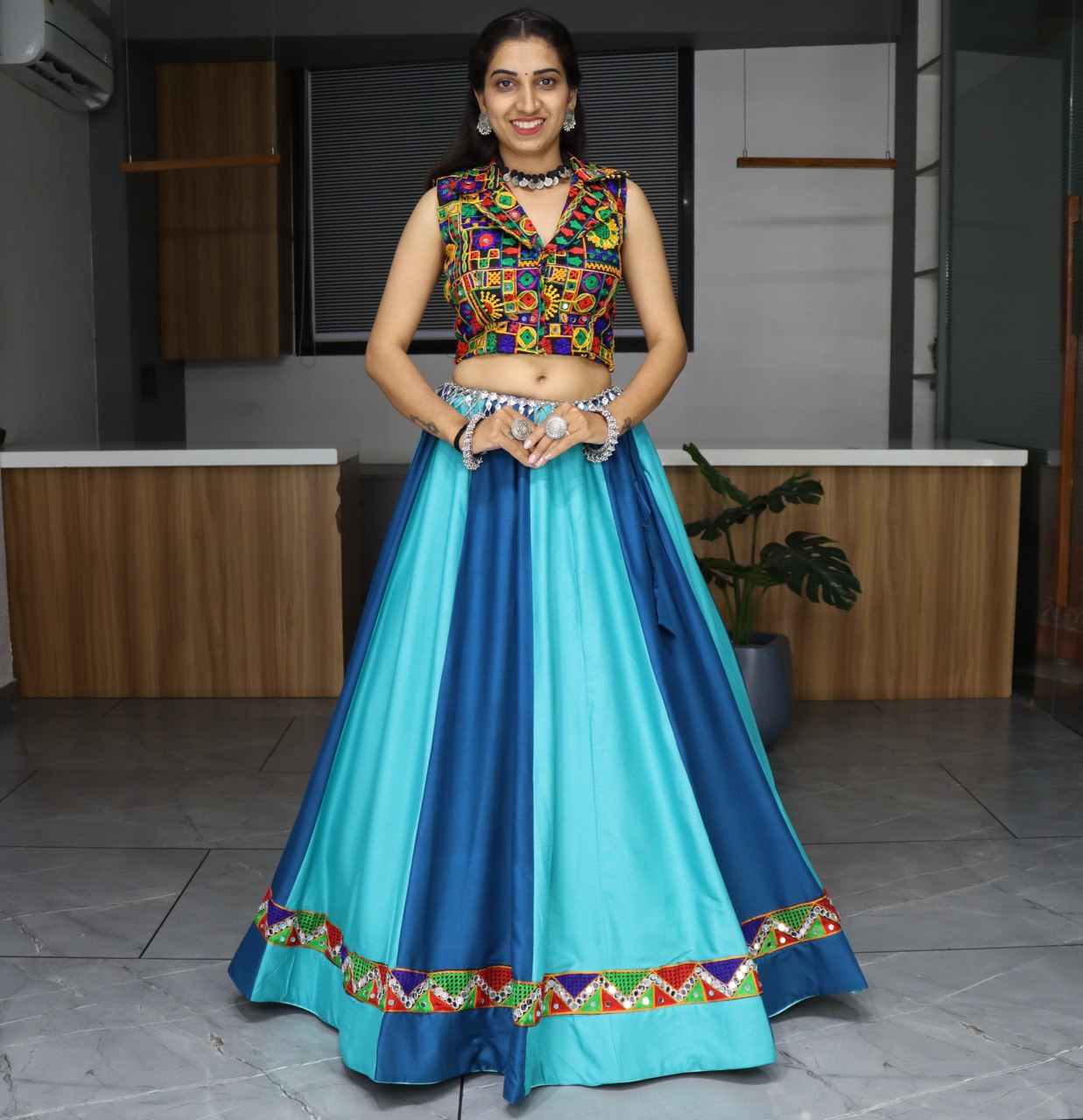 Vibrant Blue and Aqua Flared Lehenga with Kutchi Embroidered Blouse for Navratri (Copy)