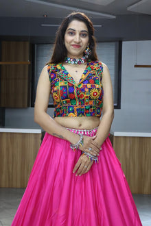 Vibrant Hot Pink Lehenga Choli with Kutchi Embroidered Blouse for Navratri and Garba Nights