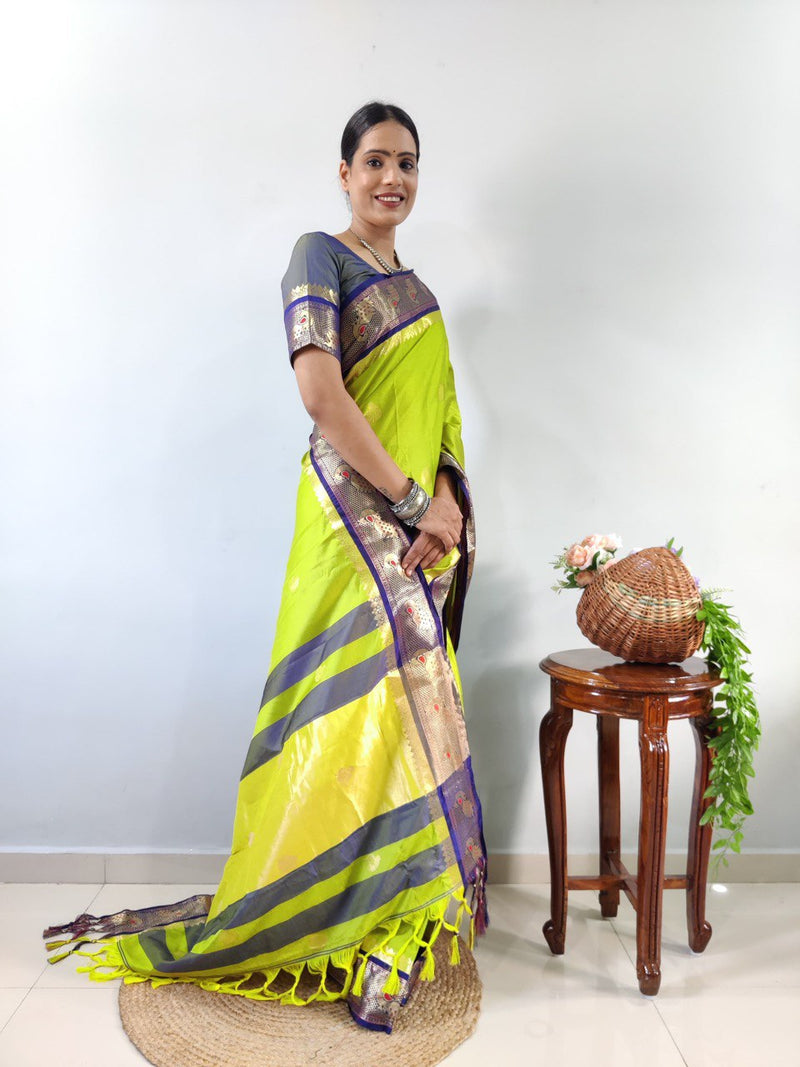 vibrant-parrot-green-kanjivaram-silk-saree-with-navy-blue-zari-border