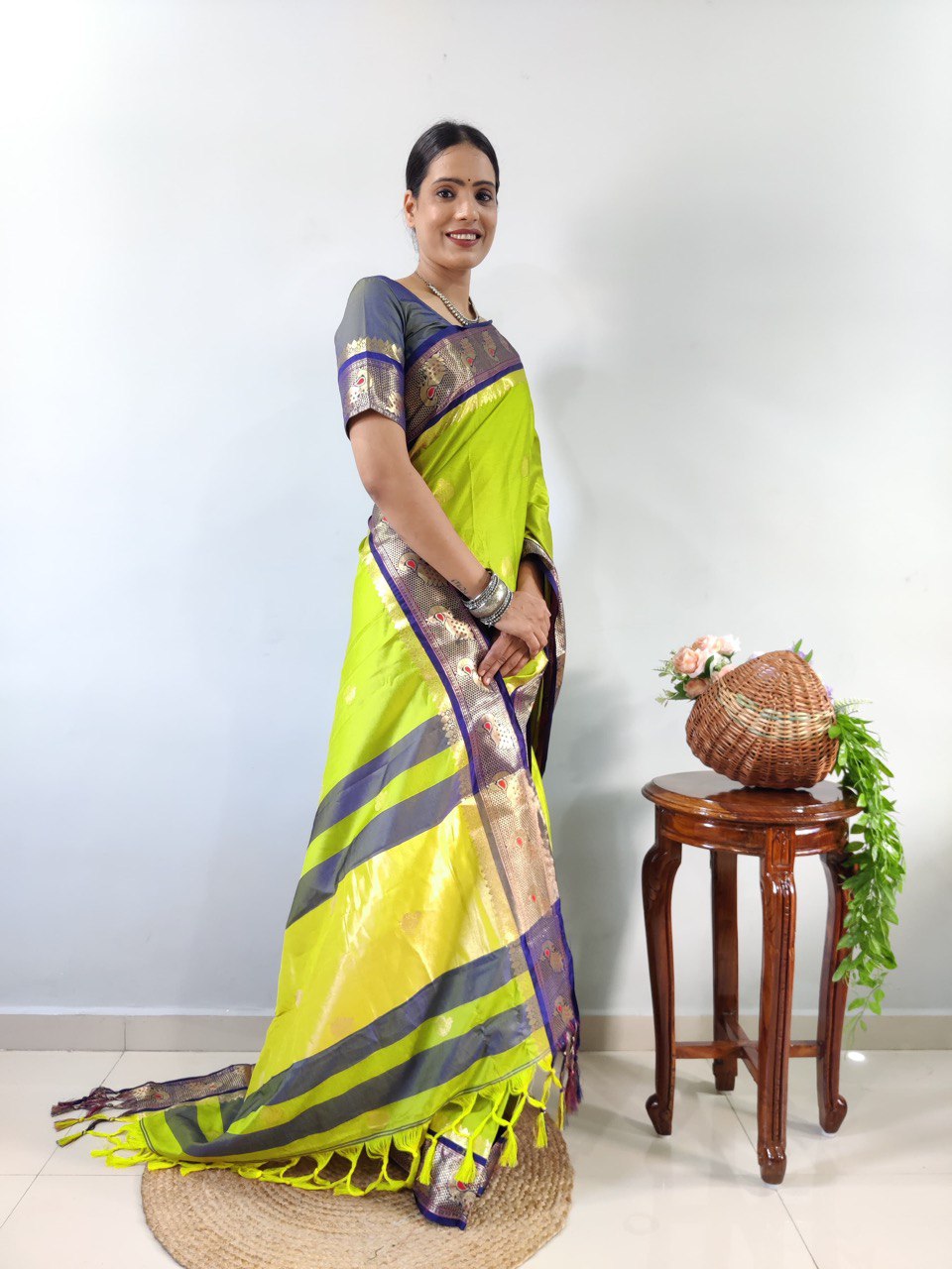 vibrant-parrot-green-kanjivaram-silk-saree-with-navy-blue-zari-border