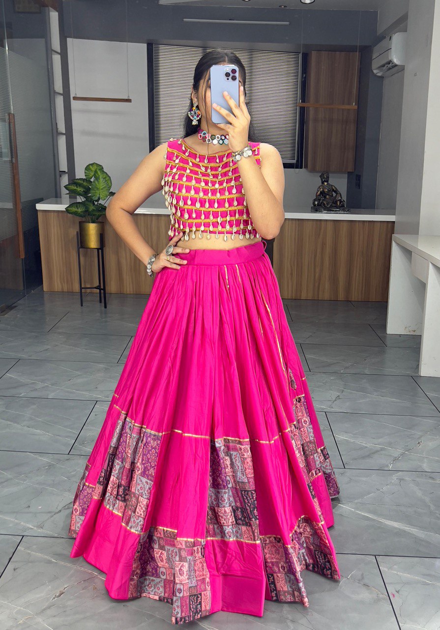 Vibrant Rani Pink Mirror Work Lehenga Choli with Printed Dupatta for Navratri