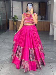 Vibrant Rani Pink Mirror Work Lehenga Choli with Printed Dupatta for Navratri