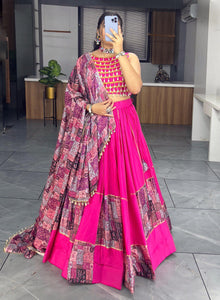 Vibrant Rani Pink Mirror Work Lehenga Choli with Printed Dupatta for Navratri