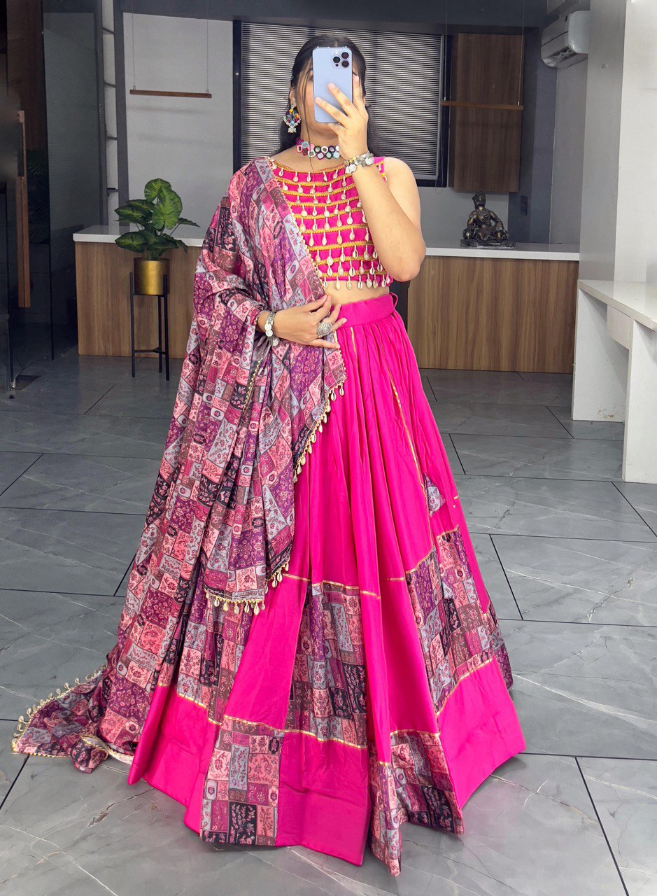 Vibrant Rani Pink Mirror Work Lehenga Choli with Printed Dupatta for Navratri