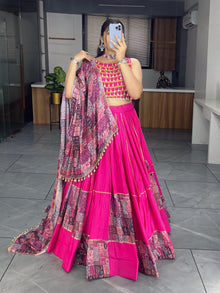 Vibrant Rani Pink Mirror Work Lehenga Choli with Printed Dupatta for Navratri