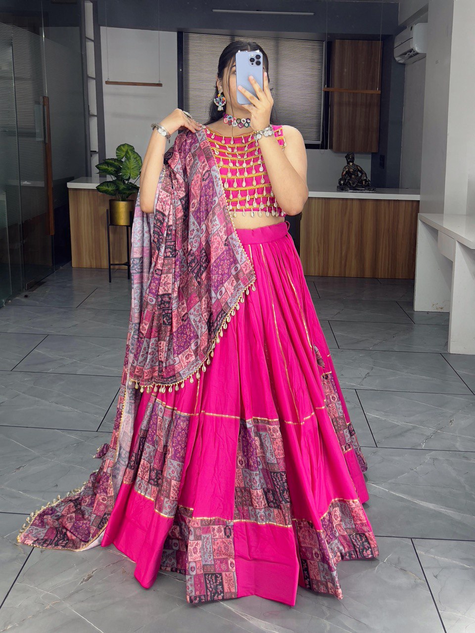Vibrant Rani Pink Mirror Work Lehenga Choli with Printed Dupatta for Navratri