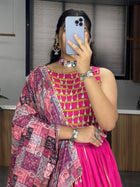 Vibrant Rani Pink Mirror Work Lehenga Choli with Printed Dupatta for Navratri