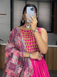 Vibrant Rani Pink Mirror Work Lehenga Choli with Printed Dupatta for Navratri