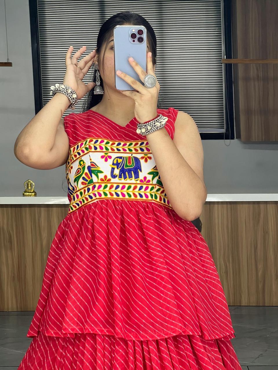 Vibrant Red Peplum Chaniya Choli with Kutchi Embroidery Navratri Special Outfit