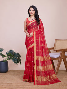 Vibrant red semi cotton Kota Doriya soft silk saree with elegant drape and shine. Perfect for weddings,Karwa Chauth and  poojas.