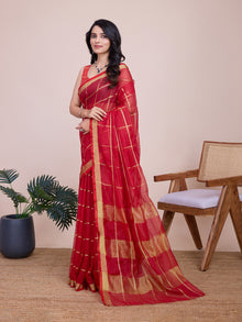 Vibrant red semi cotton Kota Doriya soft silk saree with elegant drape and shine. Perfect for weddings,Karwa Chauth and  poojas.
