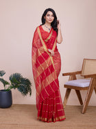 Vibrant red semi cotton Kota Doriya soft silk saree with elegant drape and shine. Perfect for weddings,Karwa Chauth and  poojas.