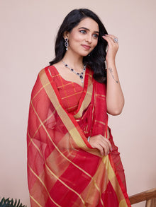Vibrant red semi cotton Kota Doriya soft silk saree with elegant drape and shine. Perfect for weddings,Karwa Chauth and  poojas.