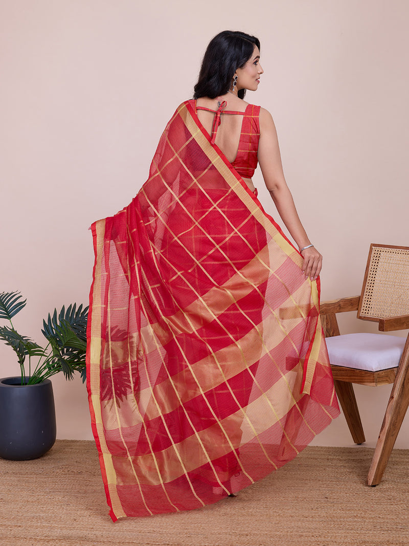Vibrant red semi cotton Kota Doriya soft silk saree with elegant drape and shine. Perfect for weddings,Karwa Chauth and  poojas.