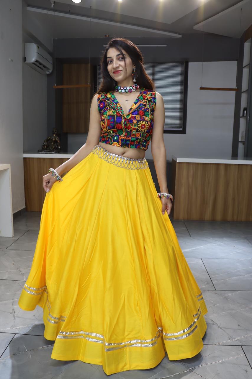 Vibrant Yellow Lehenga Choli with Traditional Kutchi Embroidered Blouse for Navratri