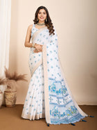 White Light Blue Semi Cotton Saree with Table Print and Handwork Matching Blouse