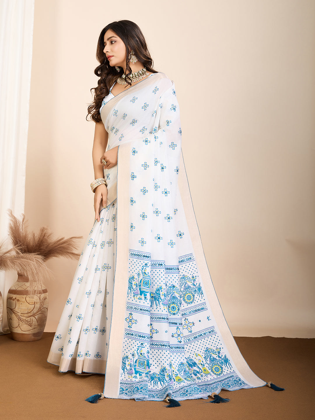 White Light Blue Semi Cotton Saree with Table Print and Handwork Matching Blouse